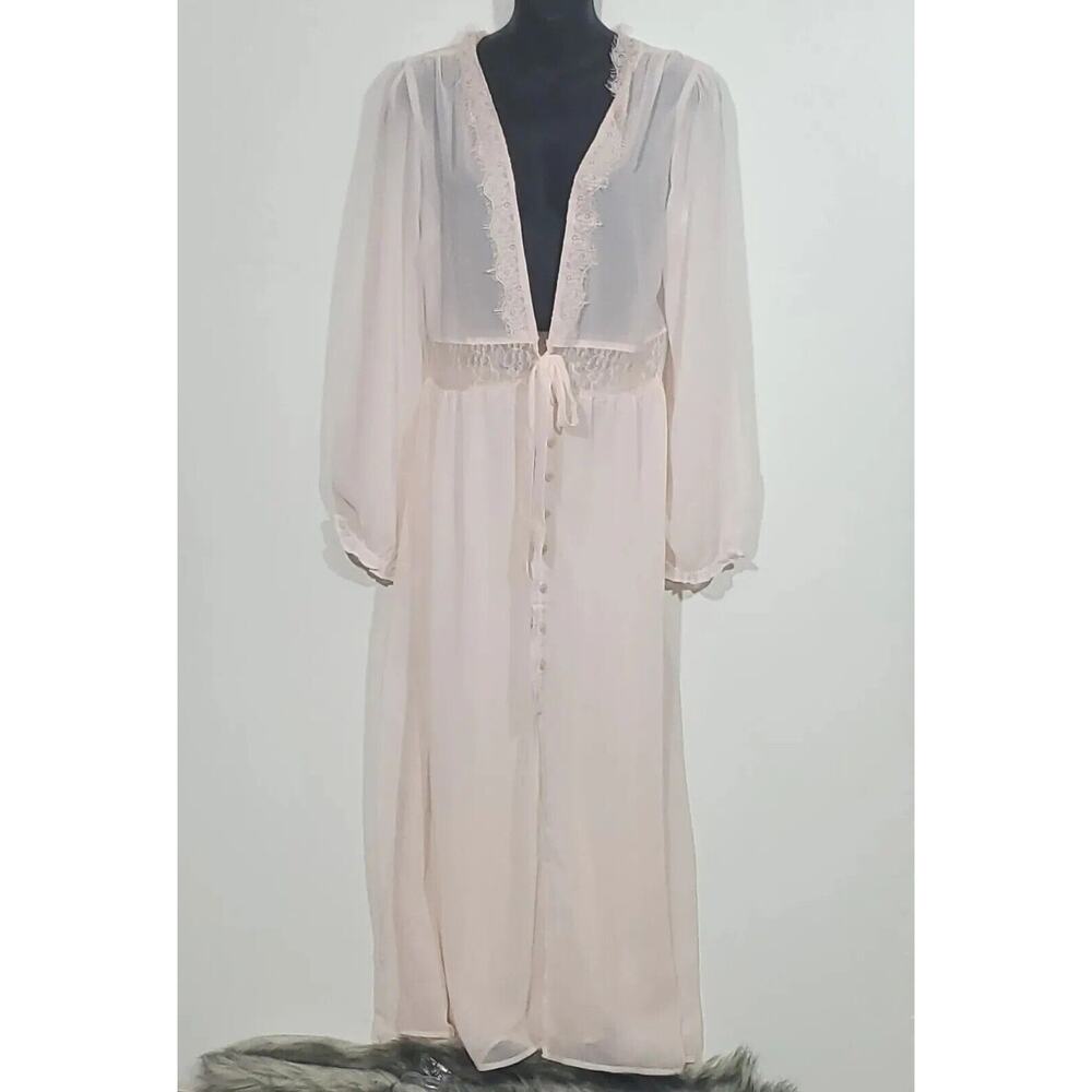 Nasty Gal Collection Sz 8 Long Pink Sheer Tie Waist Long Sleeve Embroidered Robe